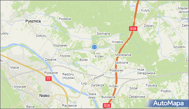 mapa Krzaki, Krzaki gmina Pysznica na mapie Targeo