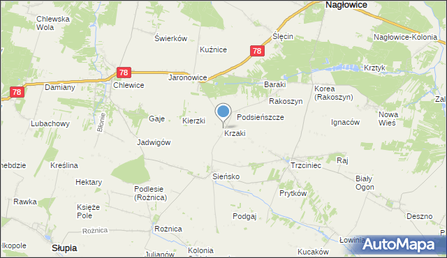 mapa Krzaki, Krzaki gmina Słupia na mapie Targeo