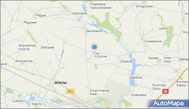 mapa Krzyków, Krzyków gmina Wilków na mapie Targeo