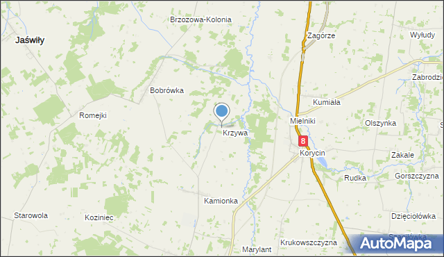 mapa Krzywa, Krzywa gmina Jasionówka na mapie Targeo