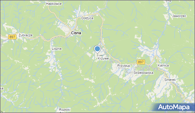 mapa Krzywe, Krzywe gmina Cisna na mapie Targeo