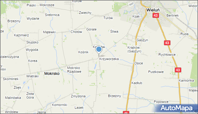 mapa Krzyworzeka, Krzyworzeka gmina Mokrsko na mapie Targeo