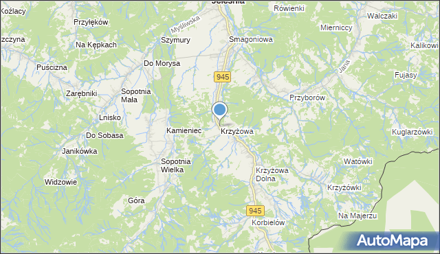 mapa Krzyżowa, Krzyżowa gmina Jeleśnia na mapie Targeo