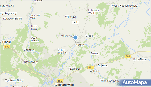 mapa Kuczyn, Kuczyn gmina Klukowo na mapie Targeo