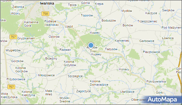 mapa Kujawy, Kujawy gmina Iwaniska na mapie Targeo