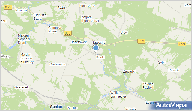 mapa Kunki, Kunki gmina Susiec na mapie Targeo