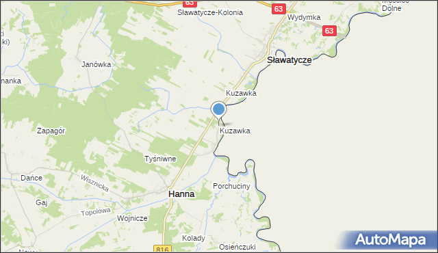 mapa Kuzawka, Kuzawka gmina Hanna na mapie Targeo