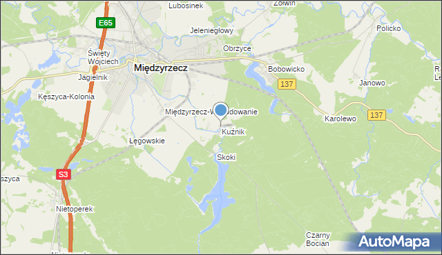 mapa Kuźnik, Kuźnik gmina Międzyrzecz na mapie Targeo