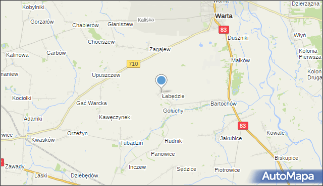mapa Łabędzie, Łabędzie gmina Warta na mapie Targeo