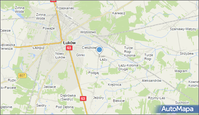 mapa Łazy, Łazy gmina Łuków na mapie Targeo