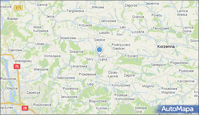 mapa Łęka, Łęka gmina Korzenna na mapie Targeo