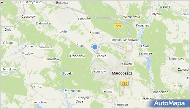 mapa Leśnica, Leśnica gmina Małogoszcz na mapie Targeo