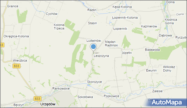 mapa Leszczyna, Leszczyna gmina Urzędów na mapie Targeo