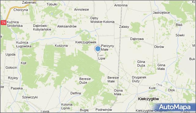 mapa Lipie, Lipie gmina Kiełczygłów na mapie Targeo