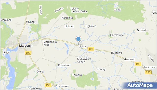 mapa Lipiny, Lipiny gmina Margonin na mapie Targeo