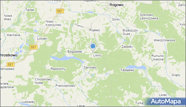 mapa Lisiny, Lisiny gmina Rogowo na mapie Targeo