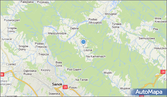 mapa Liszna, Liszna gmina Sanok na mapie Targeo