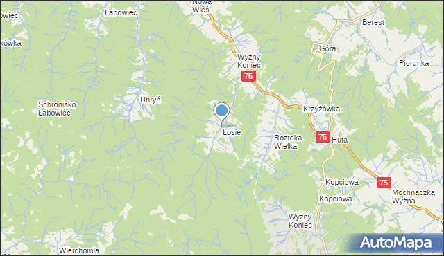 mapa Łosie, Łosie gmina Łabowa na mapie Targeo