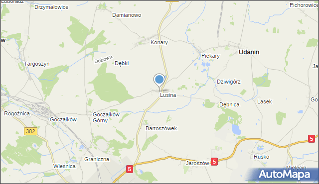 mapa Lusina, Lusina gmina Udanin na mapie Targeo