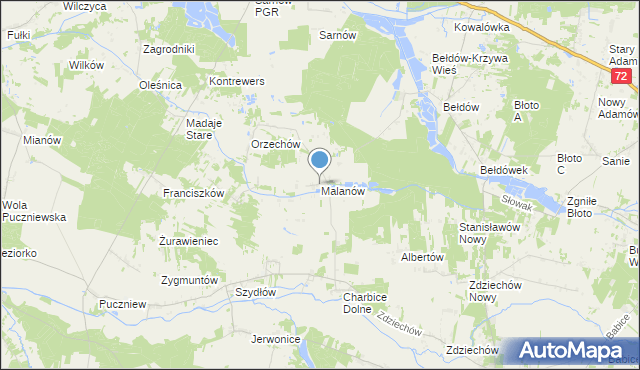 mapa Malanów, Malanów gmina Lutomiersk na mapie Targeo