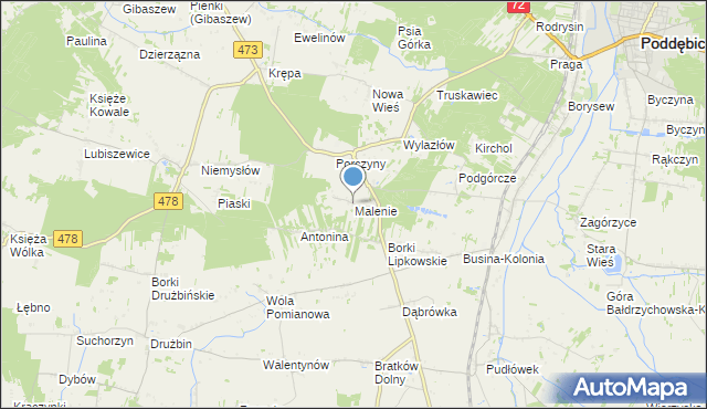 mapa Malenie, Malenie gmina Poddębice na mapie Targeo