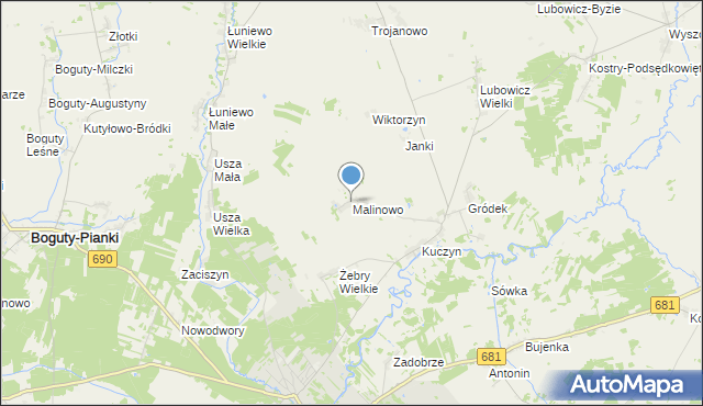 mapa Malinowo, Malinowo gmina Klukowo na mapie Targeo