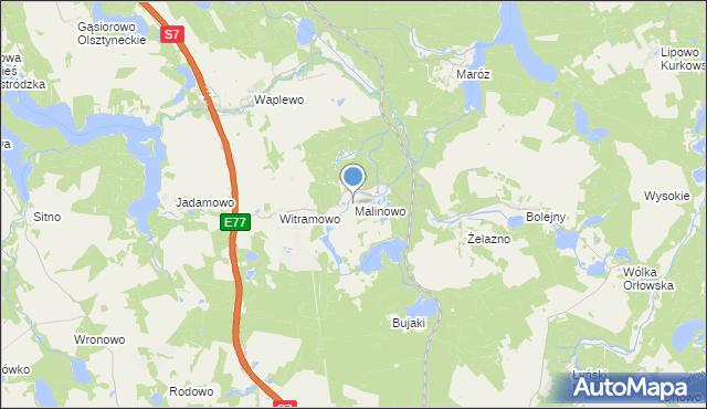 mapa Malinowo, Malinowo gmina Olsztynek na mapie Targeo