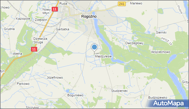 mapa Międzylesie, Międzylesie gmina Rogoźno na mapie Targeo