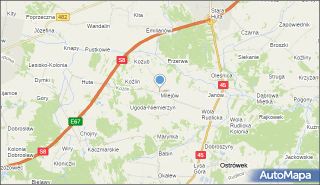 mapa Milejów, Milejów gmina Ostrówek na mapie Targeo