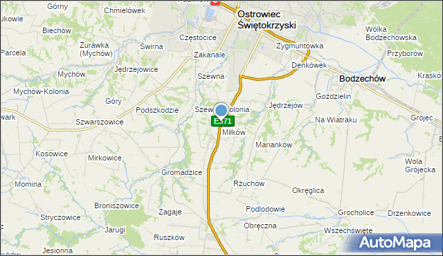 mapa Miłków, Miłków gmina Bodzechów na mapie Targeo