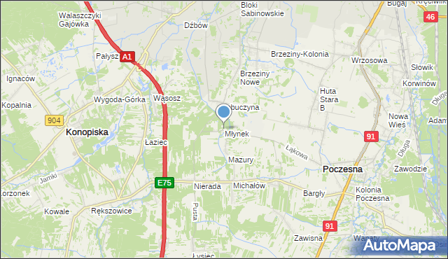 mapa Młynek, Młynek gmina Poczesna na mapie Targeo