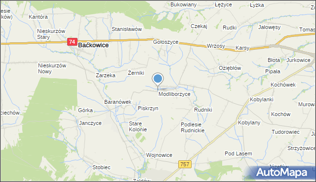 mapa Modliborzyce, Modliborzyce gmina Baćkowice na mapie Targeo