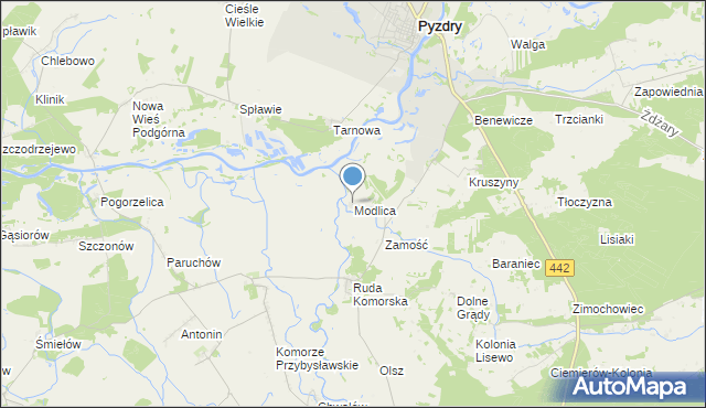mapa Modlica, Modlica gmina Pyzdry na mapie Targeo