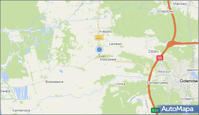 mapa Modrzewie, Modrzewie gmina Goleniów na mapie Targeo