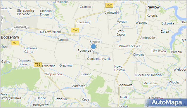 mapa Modrzewie, Modrzewie gmina Pawłów na mapie Targeo