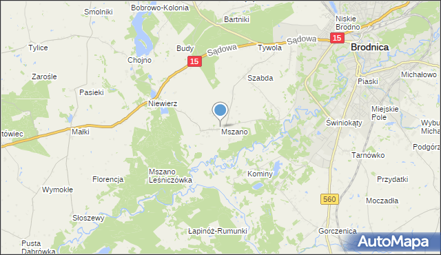 mapa Mszano, Mszano gmina Brodnica na mapie Targeo