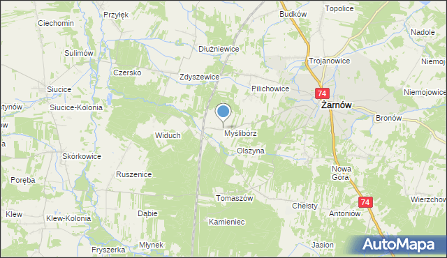 mapa Myślibórz, Myślibórz gmina Żarnów na mapie Targeo
