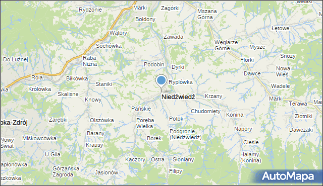mapa Niedźwiedź, Niedźwiedź powiat limanowski na mapie Targeo