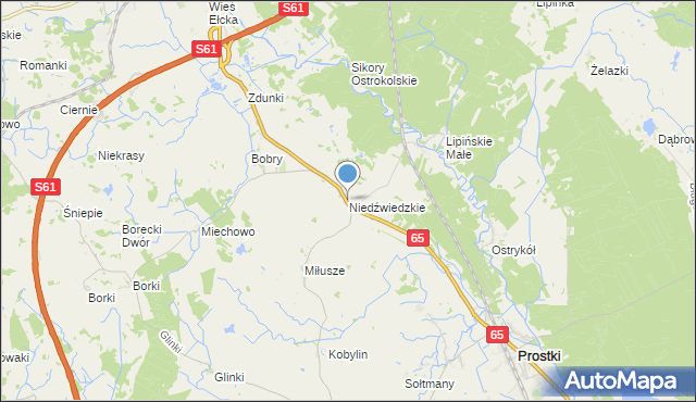 mapa Niedźwiedzkie, Niedźwiedzkie gmina Prostki na mapie Targeo