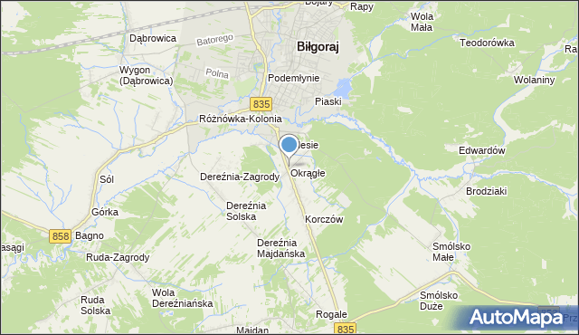 mapa Okrągłe, Okrągłe gmina Biłgoraj na mapie Targeo