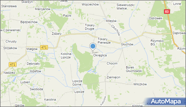 mapa Okręglica, Okręglica gmina Kawęczyn na mapie Targeo