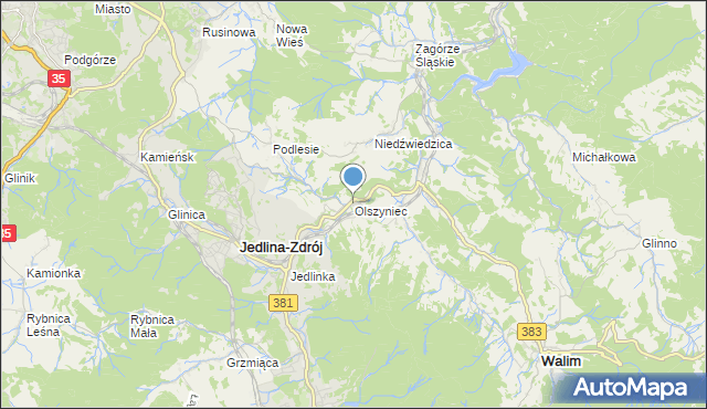 mapa Olszyniec, Olszyniec gmina Walim na mapie Targeo