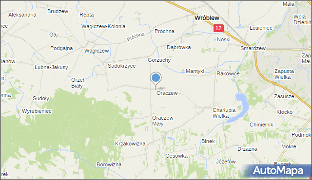 mapa Oraczew, Oraczew gmina Wróblew na mapie Targeo