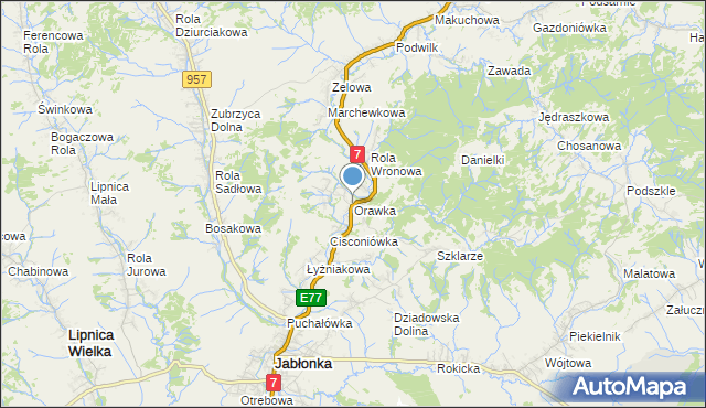 mapa Orawka, Orawka gmina Jabłonka na mapie Targeo