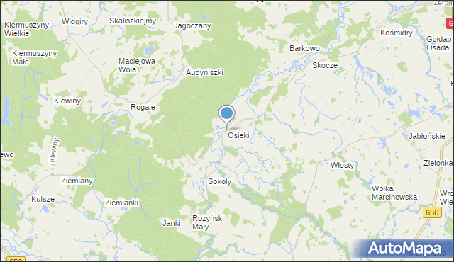 mapa Osieki, Osieki gmina Gołdap na mapie Targeo