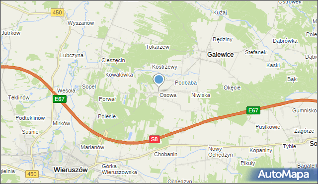 mapa Osowa, Osowa gmina Galewice na mapie Targeo