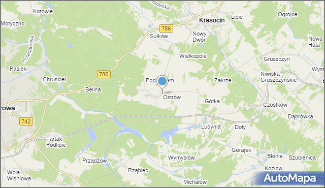 mapa Ostrów, Ostrów gmina Krasocin na mapie Targeo