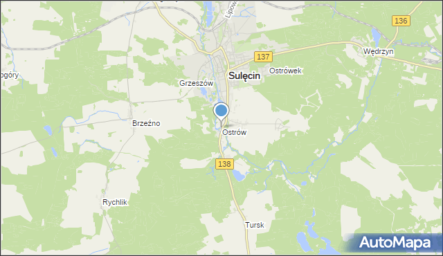 mapa Ostrów, Ostrów gmina Sulęcin na mapie Targeo