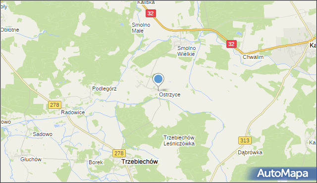 mapa Ostrzyce, Ostrzyce gmina Trzebiechów na mapie Targeo