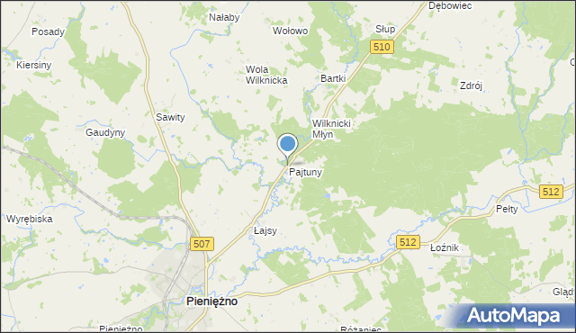 mapa Pajtuny, Pajtuny gmina Pieniężno na mapie Targeo